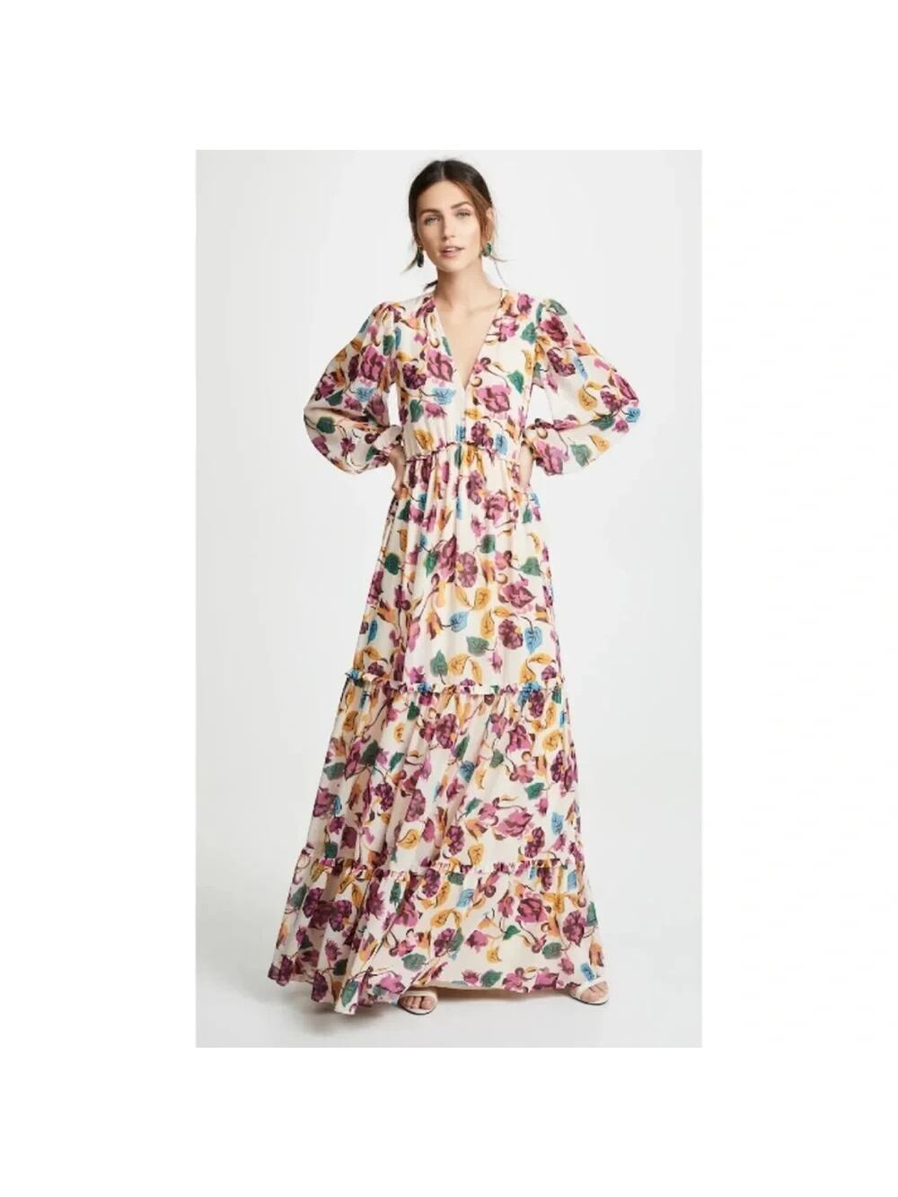 NWT Saloni Nina Tiered Floral Long-sleeve Maxi Dress Sz US6 Ivory Japonica 9K605